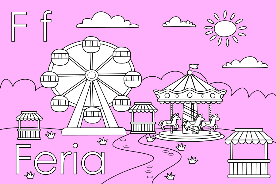 Juego online de colorear una feria con la letra F mayúscula y minúscula, actividad educativa para preescolar.
