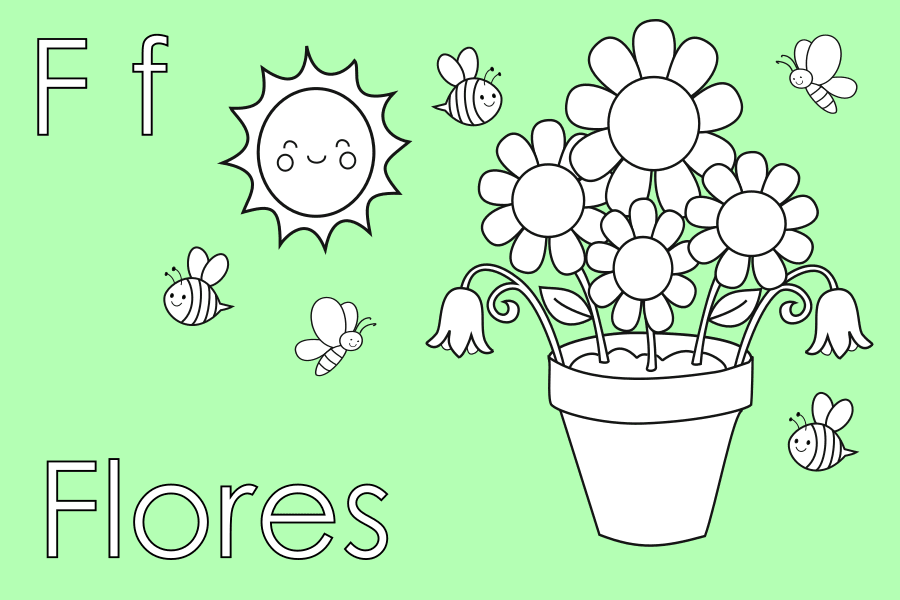 Juego online de colorear flores con la letra F mayúscula y minúscula, actividad educativa para preescolar.