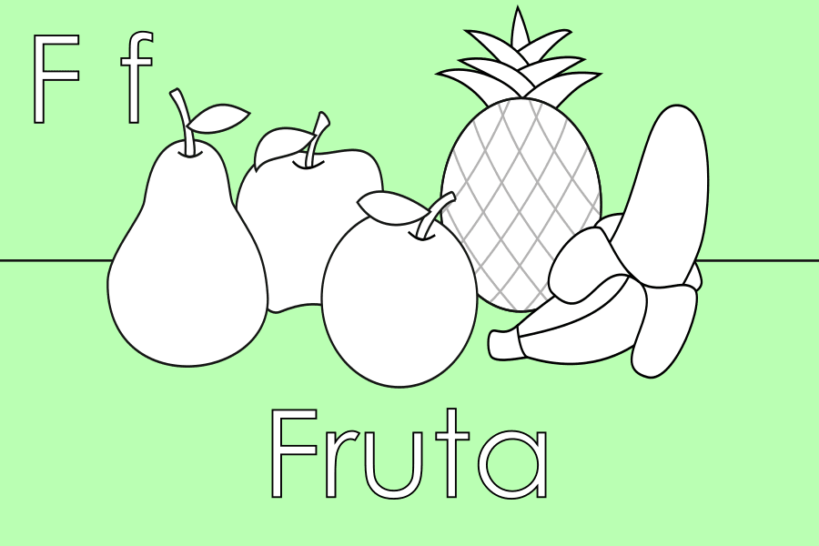 Juego online de colorear Frutas con la letra F mayúscula y minúscula, actividad educativa para preescolar.