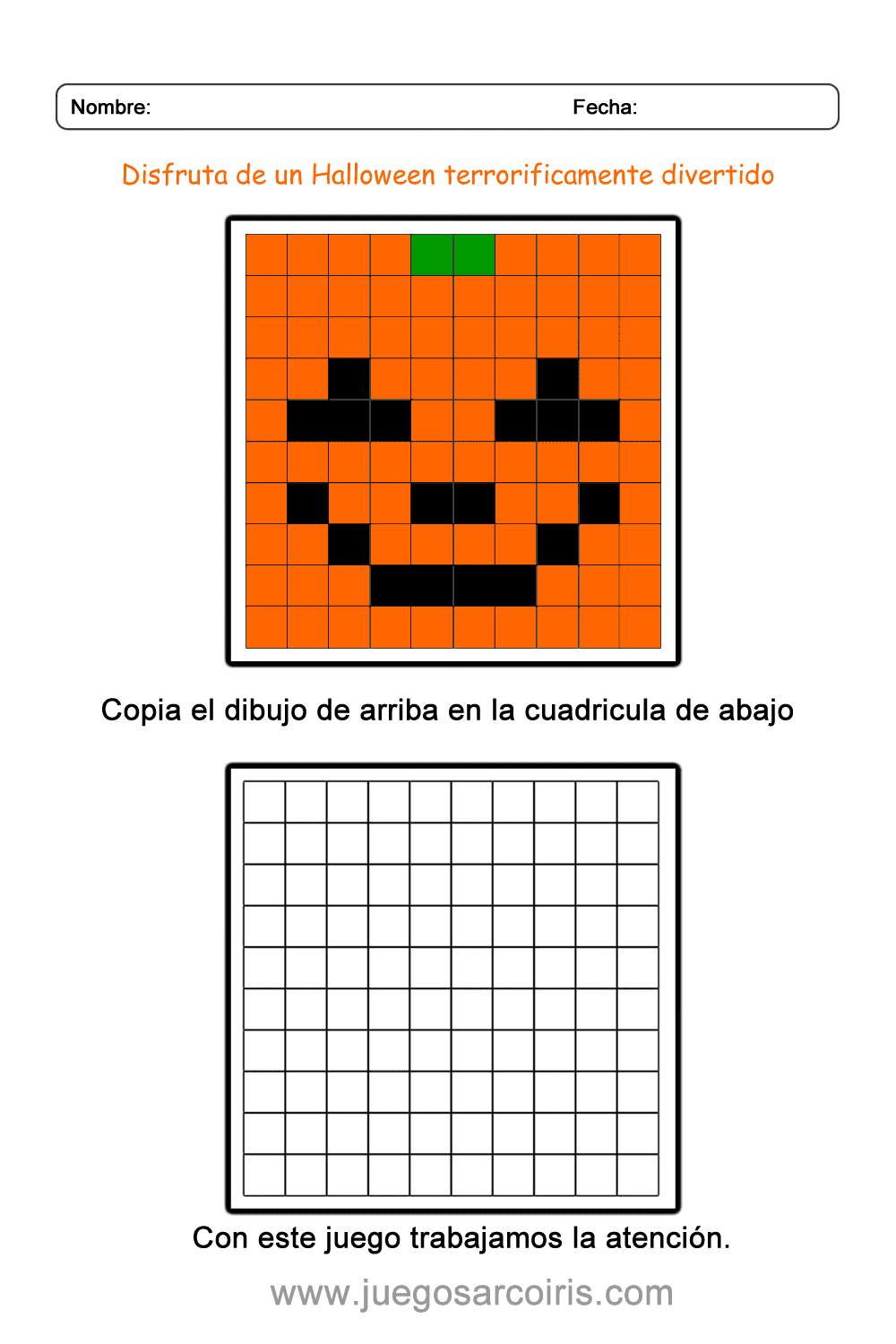 dibujo en cuadricula de una calabaza, actividad de Halloween