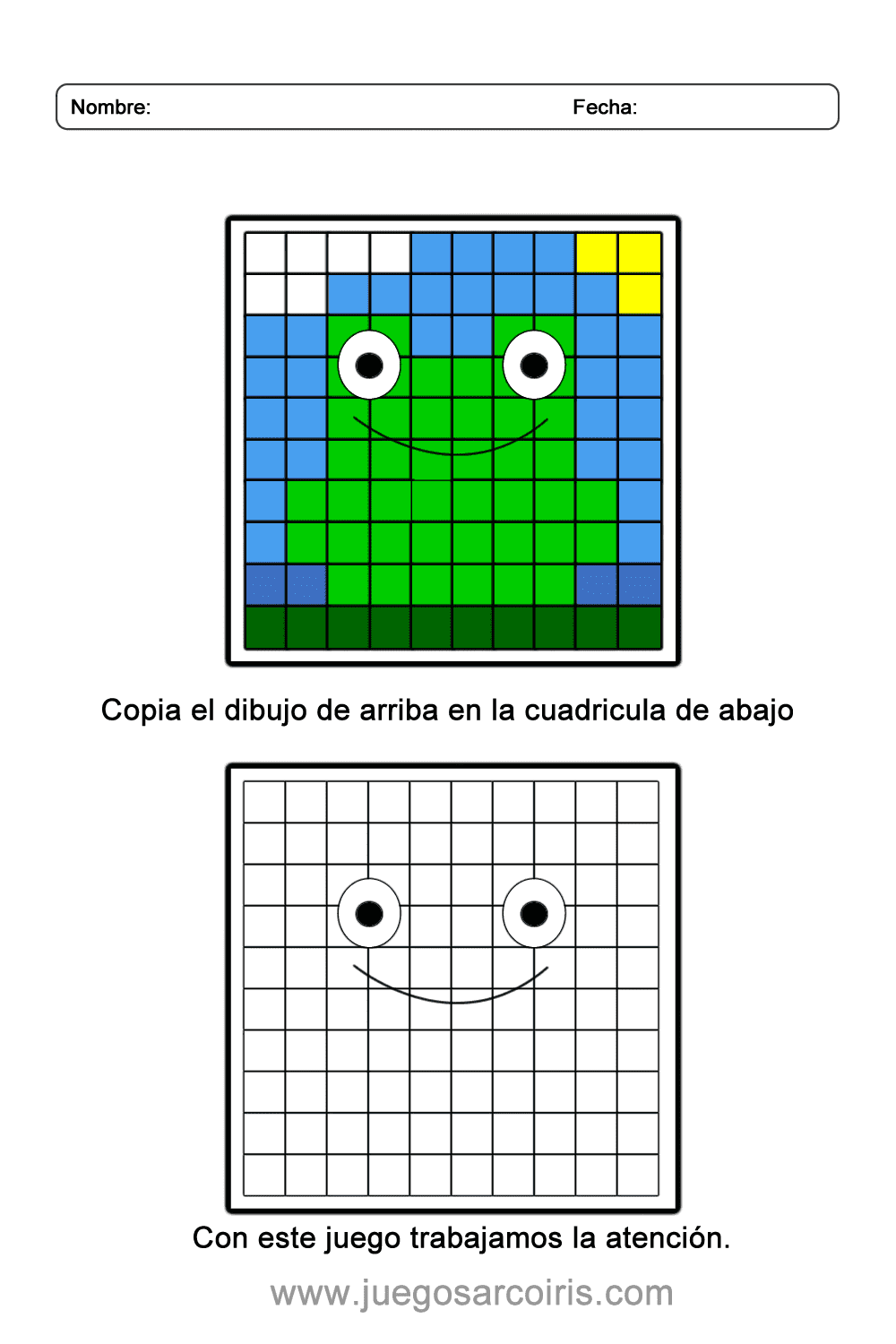 copia en cuadricula una rana. Actividad de verano para trabajar la atención.