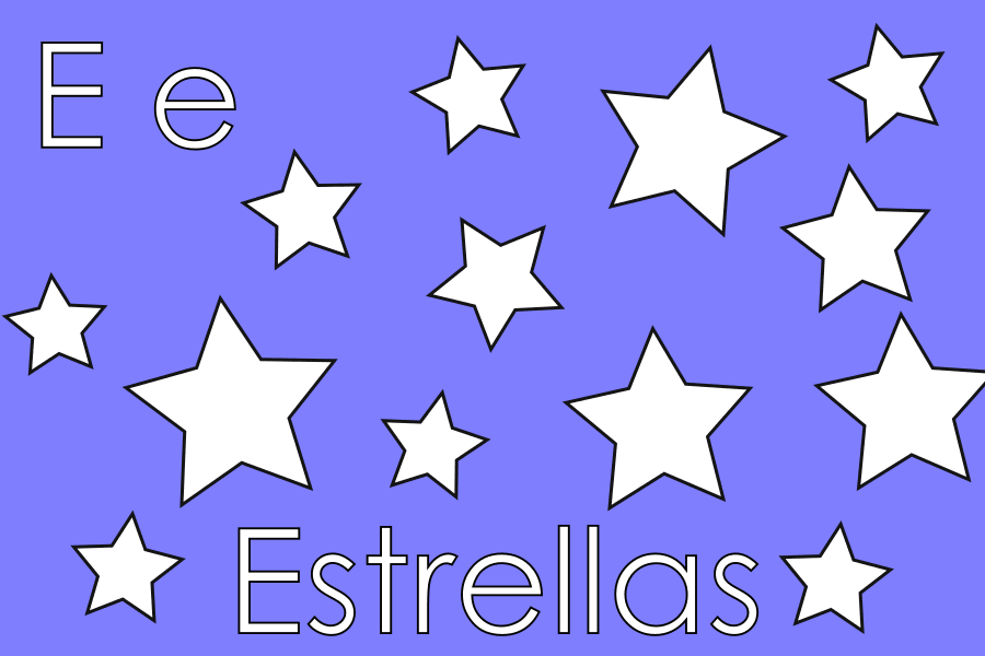 Juego online de colorear estrellas con la letra E mayúscula y minúscula, actividad educativa para preescolar.