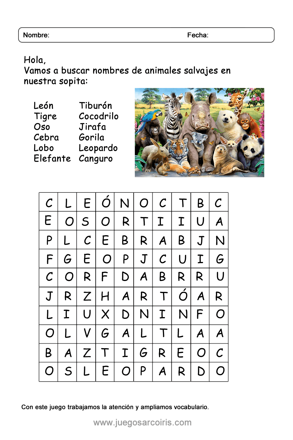 Sopa de letras: Animales salvajes