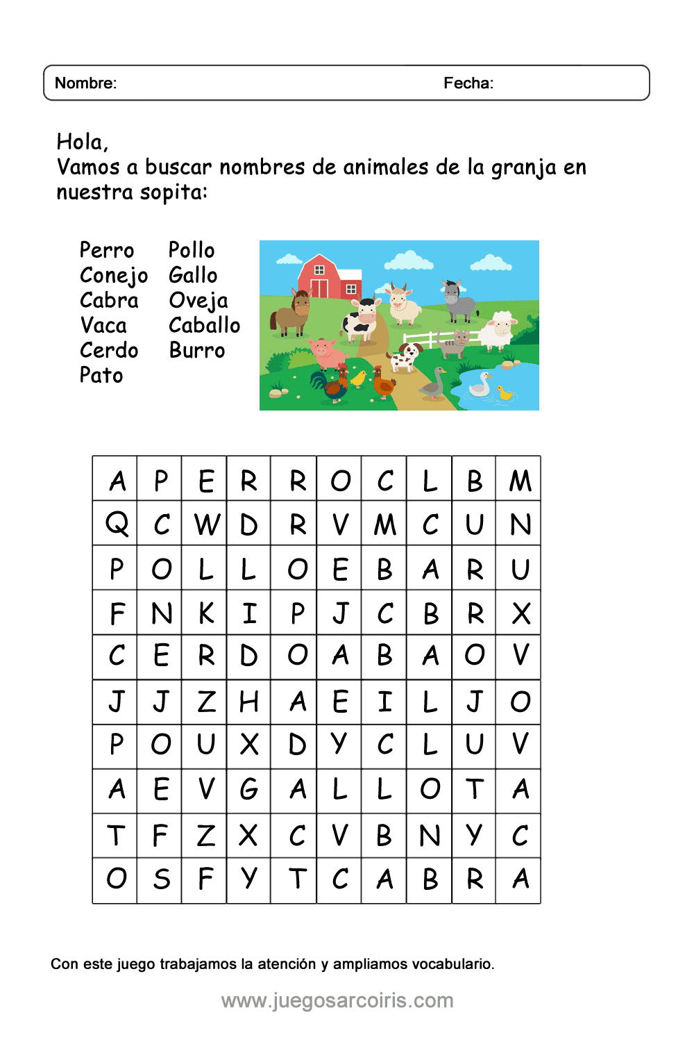 Sopa de letras: Animales de la Granja